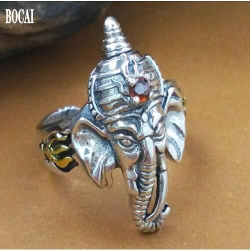 New S925 pure silver fashion new jewelry inlaid red corundum elephant trunk god adjustable man ring God of fortune ring for men