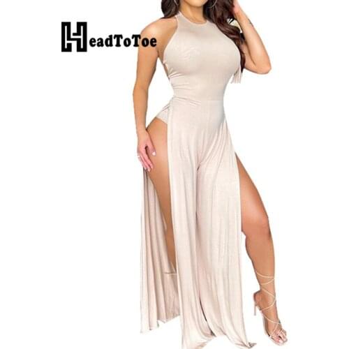 Solid Lace Up Hallow Out Sexy Club Romper Woman Backless Round Neck Sleeveless Split Jumpsuits for Women