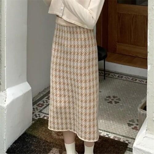 Luxury Jacquard Houndstooth Knit Sweater Skirt Vintage Elastic Band High Waist Midi Pencil Skirt Autumn Bodycon Women Long Skirt