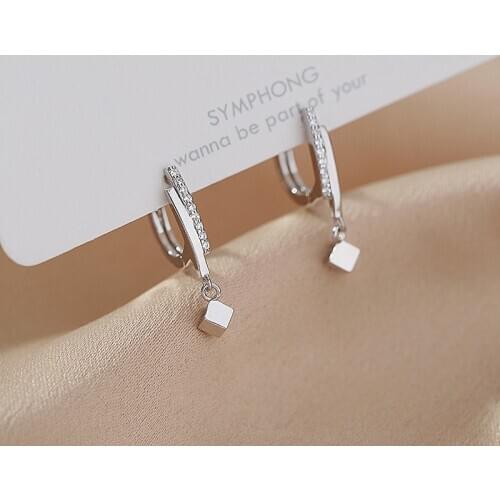 925 Sterling Silver Crystal Square Bead Piercing Stud Earring For Women Party Wedding Jewelry Pendientes Accessories eh1459