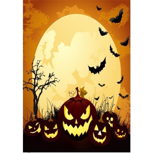 VinylBDS Green Screen Big Moon Fire Pumpkins Bats Halloween Backdrops Kate Background Backdrop