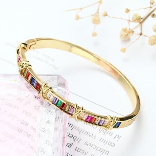 Women Gold Rainbow Bangles Bracelets Multicolor Square Cubic Zircon AAA Copper Cuff Bracelet For Women Gold Plated Dropshipping
