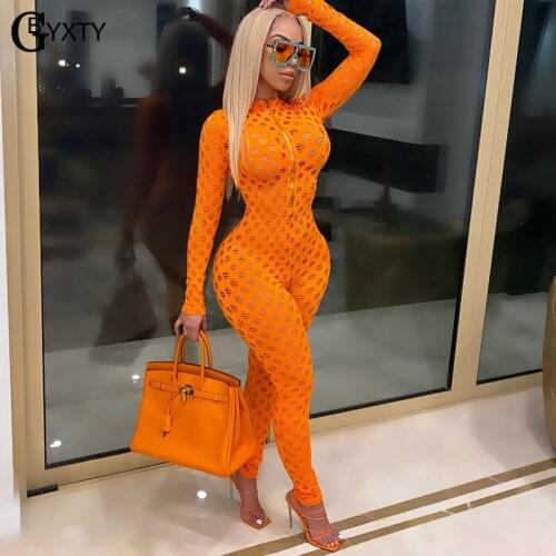 GBYXTY Night Club Party One Piece Jumpsuit Outfits 2021 Spring Women Long Sleeve Hollow Out Front Zipper Bodycon Jumpsuit ZL1088