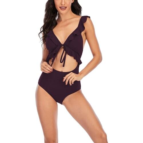 Hirigin Fashion Womens Solid Color Swimsuit Ruffled Lace-up Deep V-neck Hollowed High Waist Hollow Out Jumpsuit Swimwear