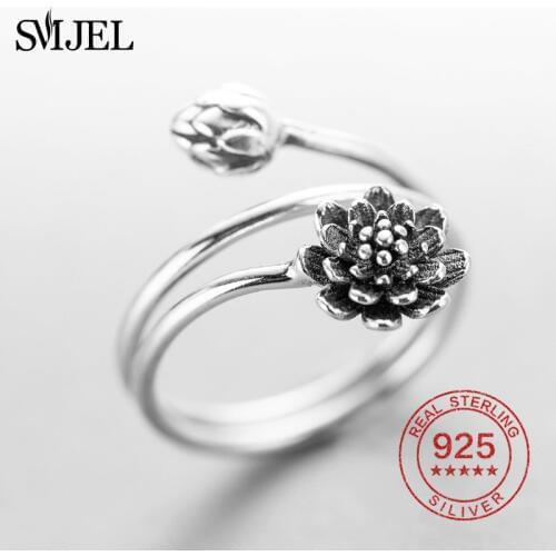 SMJEL Vintage Ethnic Lotus Flower Sterling Silver Ring for Women Multi-layer Ring 3 Layer Yoga Flower Rings Jewelry Anel