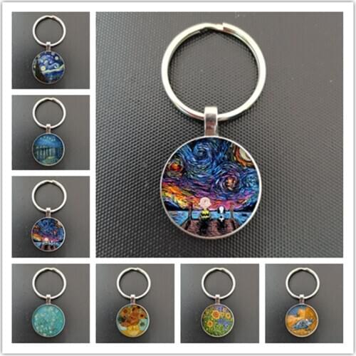 Starry Night Van Gogh Sunflower Round Glass Cabochon DIY Van Gogh Art Oil Pendant Keychain Men Women Gift
