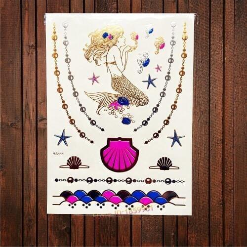 1PC Beauty Waterproof Body Art Temporary Tattoo Gold Mermaid Shell Necklace Design Women Fake Choker Flash Tattoo Sticker AYS111