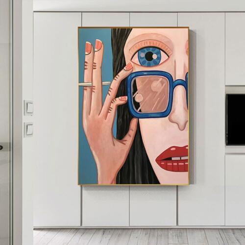 Abstract Cartoon Character Canvas Painting Cigarette Girl Poster Print for Living Room Bedroom HD Tableaux Big Wall Art Picture