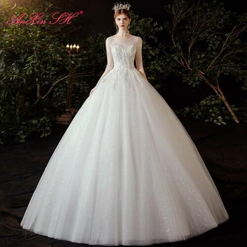 AnXin SH princess french retro flower white lace wedding dress vintage o neck beading crystal sleeveless bride wedding dress