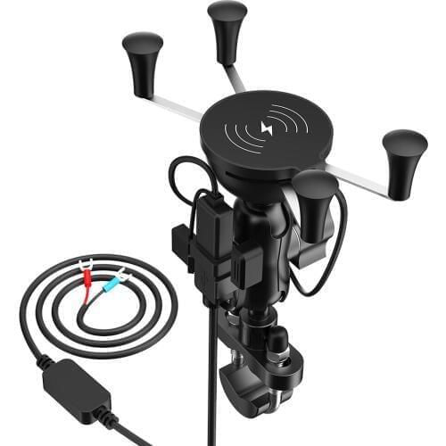 Motowolf X1 Motorcycle Phone Mount Qi 10W Fast Charge Wireless & USB Charging Holder, Universal Rotation Bracket for Smartphone