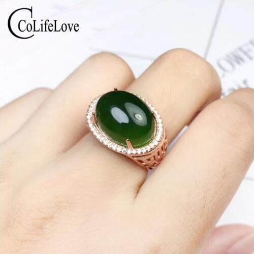 Chinese Style Silver Jade 12 mm * 16 mm Natural Green Jade Silver Ring 925 Silver Jade Jewelry Birthday Gift for Woman