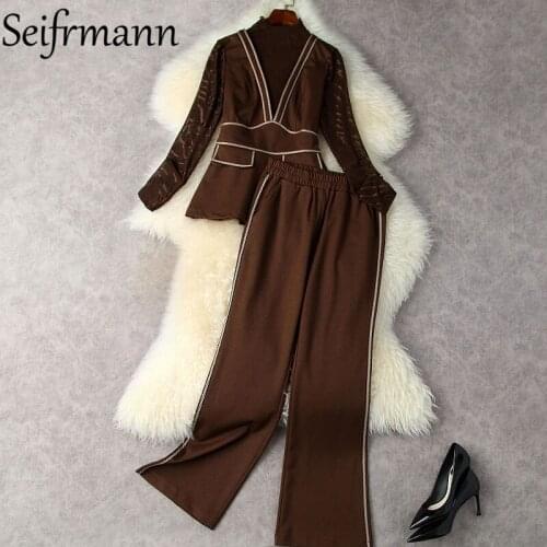 Seifrmann New 2021 Autumn Women Fashion Designer Pants Set Long Sleeve Patchwork Tops + Elastic Waist Solid Print Long Pant Suit