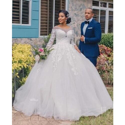 Lace Ball Gown Wedding Dresses Sheer Neck Long Sleeves Lace up Back Sweep Train Appliques Bridal Gowns Pure White Marriage Dress