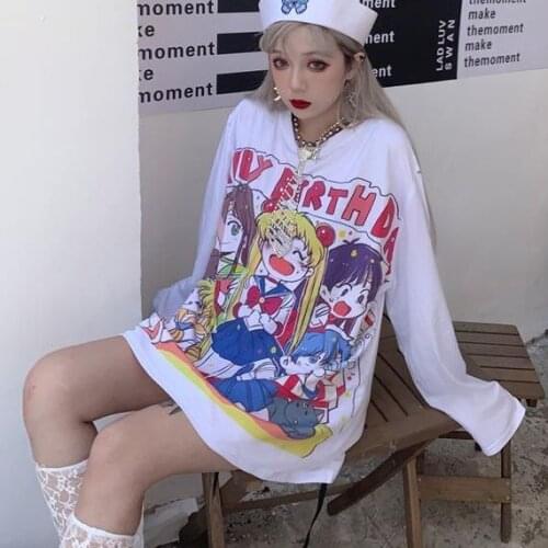 Anime Girl Print Summer T-Shirt Cartoon Pink Cute Kawaii Fashion Harajuku Long Sleeve Tops Casual Y2K Oversized T-Shirt Loose