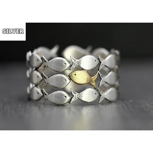 Cute fish group Open ring Silver Gold color party jewelry fashion birthday present Cute girls Finger rings Anniversary gift