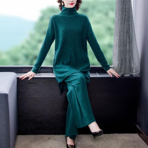Fashion Wool Wide-Leg Pants Suit Women Autumn/Winter 2020 New Sweater Two-Piece Set Turtleneck Long Knitted Shirt Trousers Y441