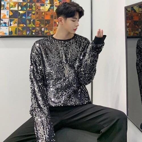 Tide Men Black Sequins Tees Shirts Male Long Sleeve Pullover Hip Hop Nightclub Sequined Tops DJ Singer Performance Loose T-shirt
