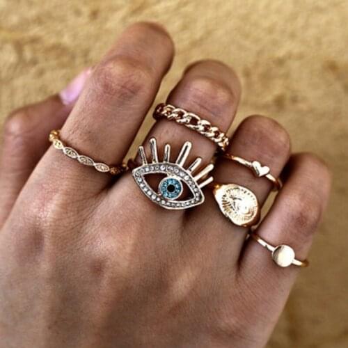 Trendy Gold Color Rings Set For Women Round Heart blue Eye Crystal Ring 2019 Female Finger Statement Fashion Jewelry wholesale