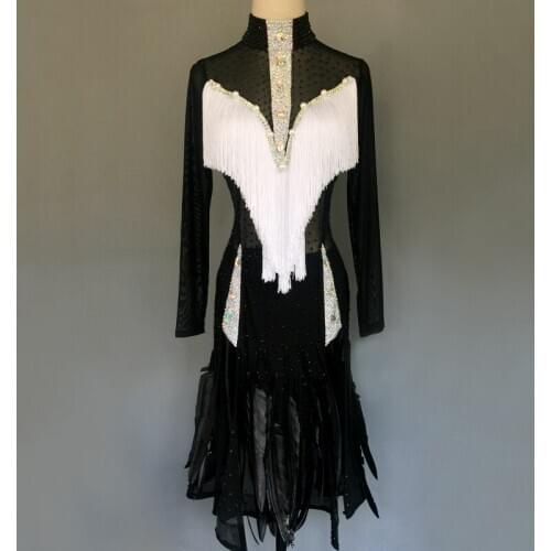 Customizable Black Sparkly Rhinestones Women Latin Dance Dress See Though Design Dance Ballroom Dancing Competition Dresses