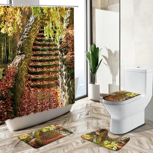 Autumn Scenery Shower Curtain Forest Park Waterfall Maple Leaf Road Natural Landscape Non-Slip Carpet Toilet Cover Floor Mat Set
