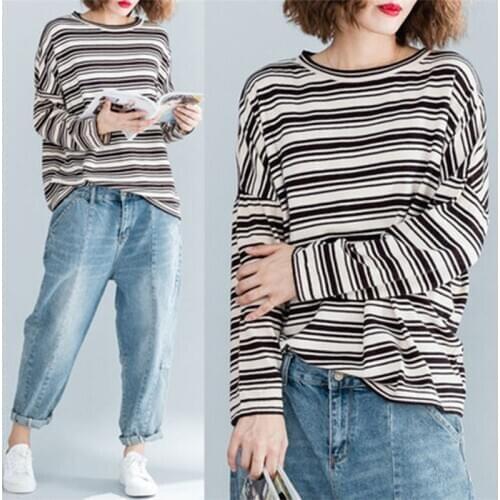 Casual Tee Shirt Femme Loose Tops Spring Autumn New Arts Style Women Long Sleeve O-Neck Striped Knitted T-Shirt All-Matched
