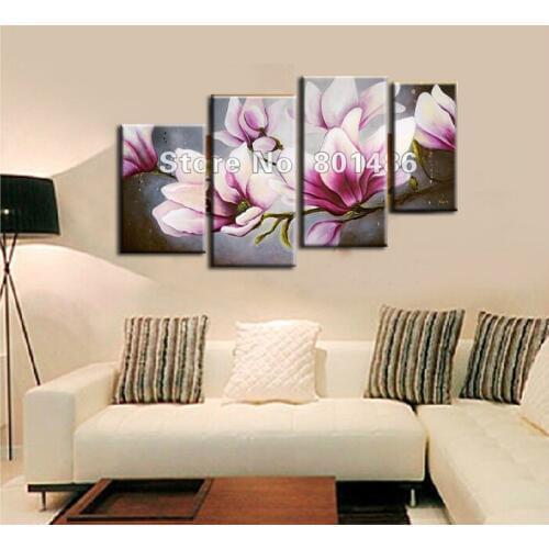 Hand Painted Oil Tree Painting 4 Piece Wall Art Canvas Magnolia Painting Flower Painting Modern Pictures for Living Room NoFrame