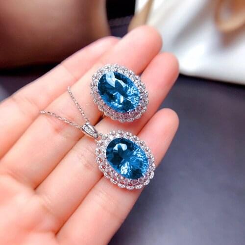 925 Sterling Silver Jewelry Set Sky Blue Topaz Ring Pendant Stud Earrings for Women Wedding Christmas Gift Fine Jewelry