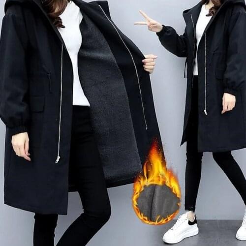 Loose Coats Women Autumn Winter Hooded Drawstring Pocket Zipper Long Outwear Plus Size Elegant Ladies thicked Coats