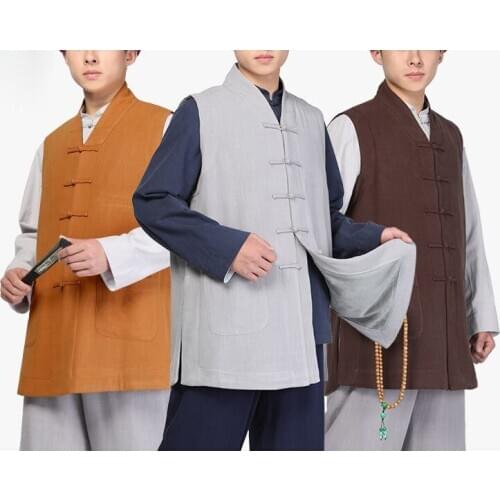 Unisex cotton&linen warm buddhist shaolin monk kung fu suits zen lay meditation vest suits buddha clothing blue/coffee/red