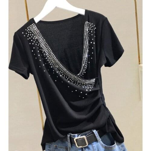 Cross-V-neck Folds Rhinestones Top White Short Sleeve T-shirt Female Summer Top New Slim Fit White Black T Shirt Ladies Blusas