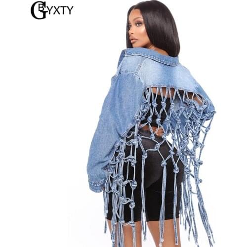 GBYXTY Streetwear Backless Tie Up Hollow Out Tassel Cropped Denim Jacket Womens New Back Bandage Loose Short Jean Jacket ZL1278