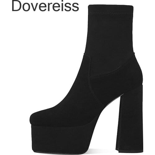 Dovereiss Winter Woman New Fashion Sexy Consice Pink Square Toe New Slip On Block heels Zipper Chunky Heels Ankle boots 40