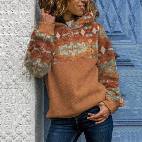 Plus Size Women Hoodies Fashion Ethnic Geometric Printed Pullover Long Sleeve Sweatshirt Autumn Winter Warm Hooded Tops Loose