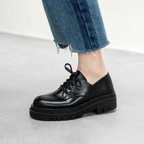 Osunlina Round Toe Flats Woman Thick Heels Lace-UP All-Match Black Genuine Leather Handmade Casual Shoes For Work Job A162