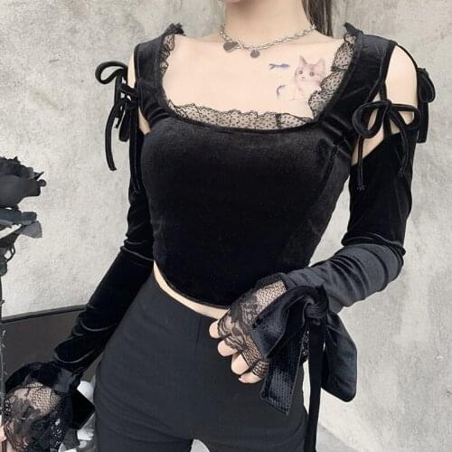 Velvet Mall Goth Lace Black Crop Top Y2K Gothic Lace Patchwork Long Sleeve T-Shirt Women Chic Aesthetic Bandage Hollow Out Tops