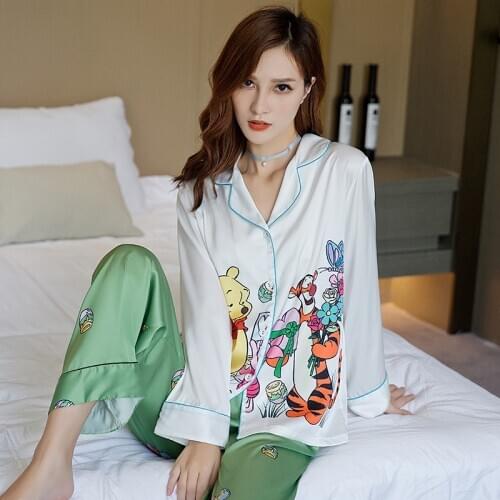 2021 Spring Womens Pajamas Set Luxury Style Cute Cartoon Print Sleepwear Silk Like Nightie Leisure Home Clothes Nightwear