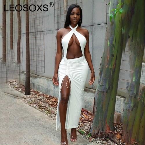 Hot Elegant Slit Bodycon Backless Strappy Maxi Dress Evening Club Party Hollow Out Halter Bandage Dresses Skinny Sheath Vestidos