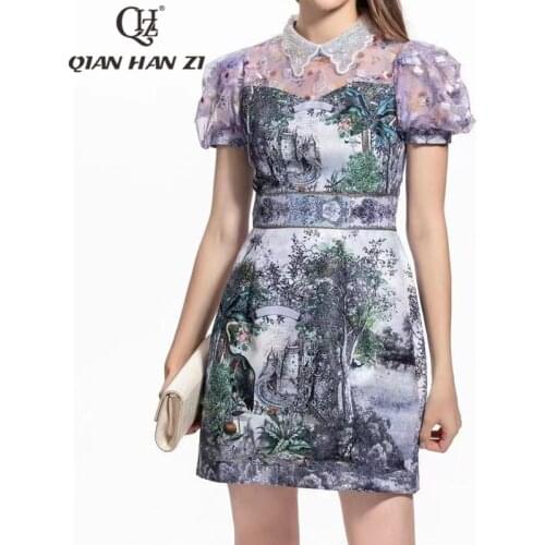 Qian Han Zi spring/summer fashion designer women dress Puff sleeves with lapel vintage pattern printing Slim dress