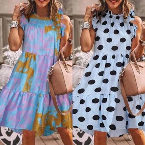 Elegant Women Dress Tie Dye Print Gradient Vintage Ruffle Mid Dresses Female Dot O Neck Short Sleeve Party Dress Vestidos 2021
