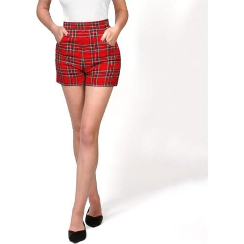 40- summer women vintage 50s classic tartan print high waist fit shorts in red plus size