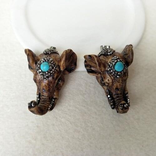 5pcs Natural Ox Bone elephant trunk Pendant,with rhinestone crystal Zircons Paved Charms for DIY jewelry necklace making PD583