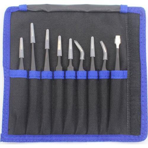 9pcs=One Set Professional Anti-Static Stainless Steel Tweezers Maintenance Tools Kits For small electronics Repair