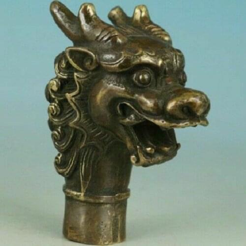 Asian Chinese Old Bronze Handwork Carved Dragon Statue Walking Stick Head