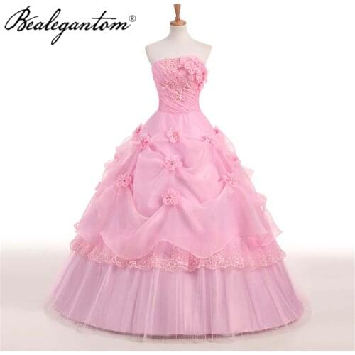 Bealegantom High Quality Pink White Quinceanera Dresses Ball Gown Flower Lace Up Sweet 16 Prom Party Gown Vestido 15 Anos QD146