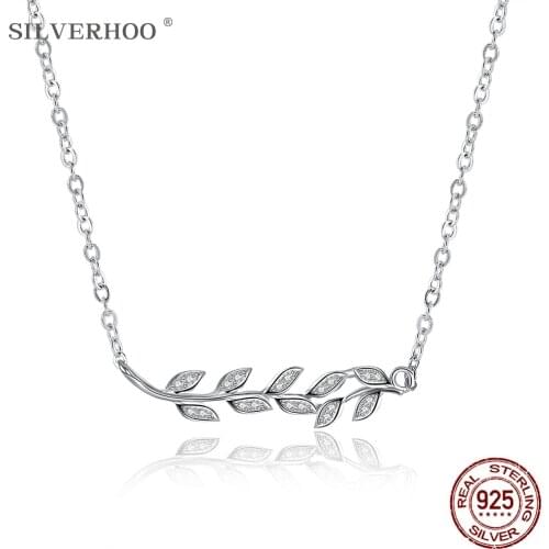 SILVERHOO 925 Sterling Silver Simple Olive Branch Plant Pendant Necklaces For Women Trendy Cubic Zirconia Necklace Jewelry Best
