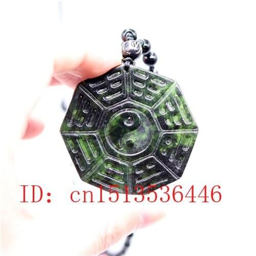 Chinese Black Green Fengshui Eight trigrams Pendant Natural Hand Carving Necklace Fashion Amulet Luck Gifts Men Sweater Chain