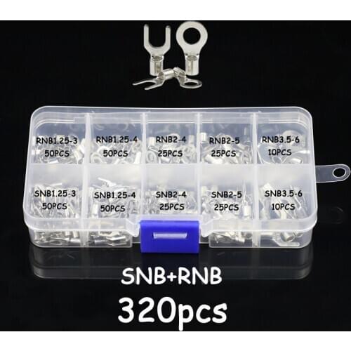 320Pcs/Box 10 In 1 Terminals Non-Insulated Ring Fork U-type Brass Terminals Assortment Kit Cable Wire Connector Crimp Spade