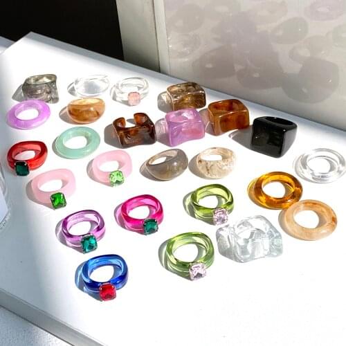 New Trendy Colourful Transparent Resin Acrylic Rings For Women Korean Creative Geometric Square Round Irregular Ring Jewelry