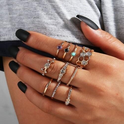 10 Pcs/set Women Fashion Rings Moon Crystal Geometry Gold Color Ring Set Party Wedding Charm Pary Jewelry 2020