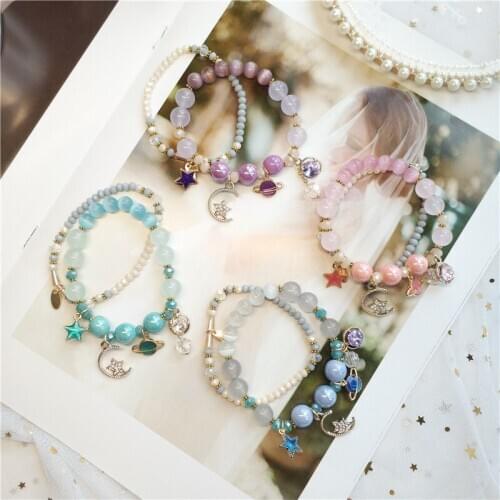 Korean handmade beaded student bracelet for women crystal planet pendant double layer bracelet girlfriends couple star jewelry